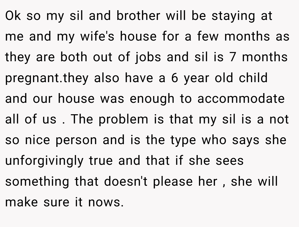 Ok so my sil and brother will be staying at me and my wife's house for a few months as they are both out of jobs and sil is 7 months pregnant.they also have a 6 year old child and our house was enough to accommodate all of us . The problem is that my sil is a not so nice person and is the type who says she unforgivingly true and that if she sees something that doesn't please her , she will make sure it nows.
