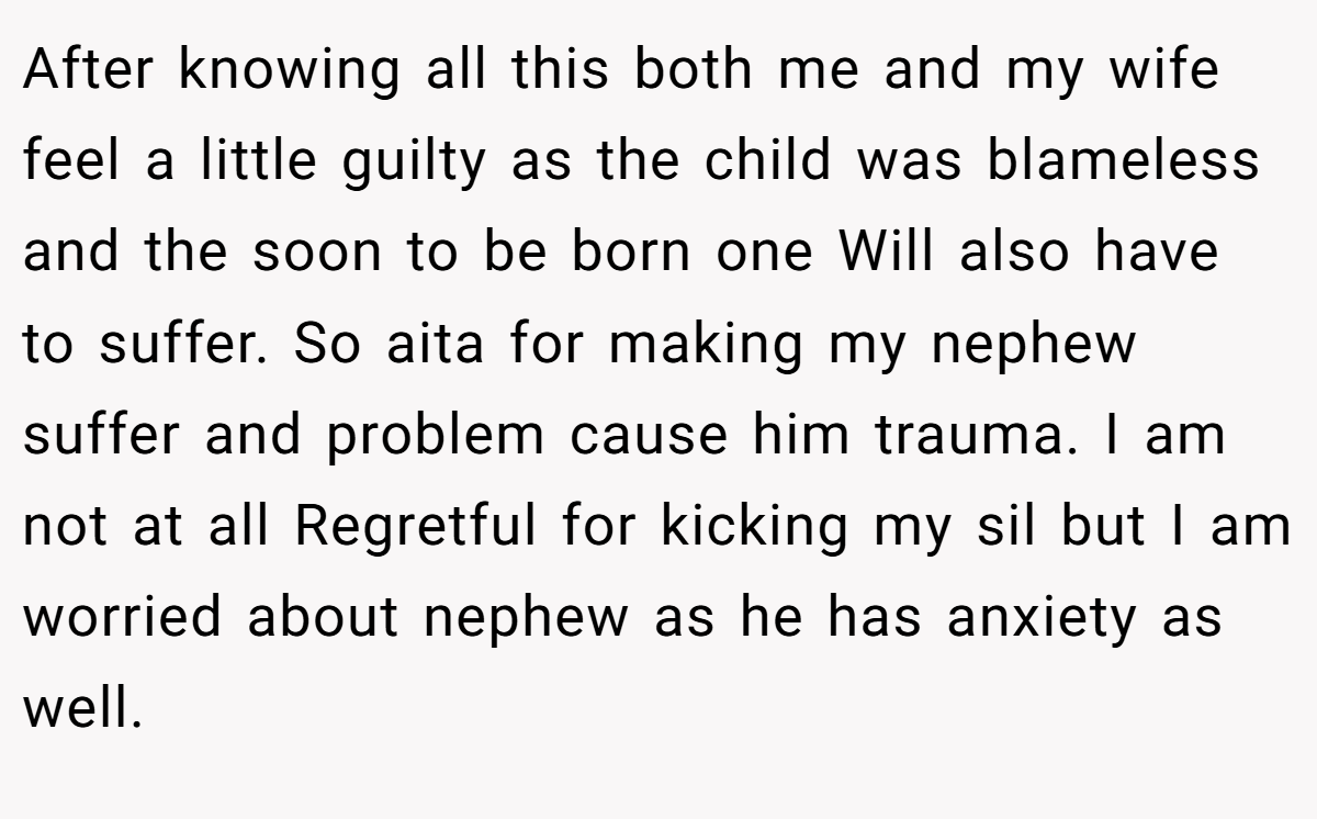 After knowing all this both me and my wife feel a little guilty as the child was blameless and the soon to be born one Will also have to suffer. So aita for making my nephew suffer and problem cause him trauma. I am not at all Regretful for kicking my sil but I am worried about nephew as he has anxiety as well.