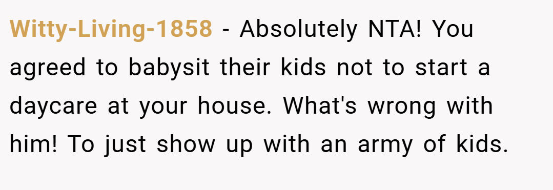 Witty-Living-1858 − Absolutely NTA! You agreed to babysit their kids not to start a daycare at your house. What's wrong with him! To just show up with an army of kids.