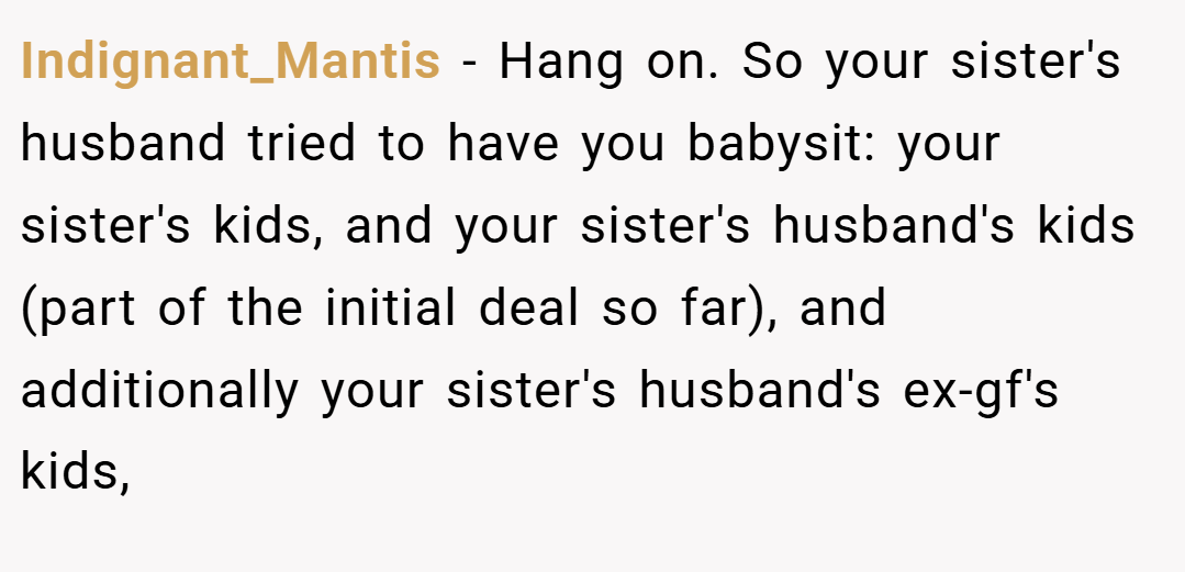 Indignant_Mantis − Hang on. So your sister's husband tried to have you babysit: your sister's kids, and your sister's husband's kids (part of the initial deal so far), and additionally your sister's husband's ex-gf's kids,