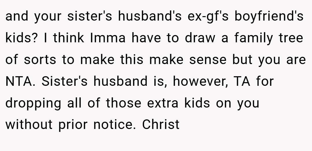 and your sister's husband's ex-gf's boyfriend's kids? I think Imma have to draw a family tree of sorts to make this make sense but you are NTA. Sister's husband is, however, TA for dropping all of those extra kids on you without prior notice. Christ