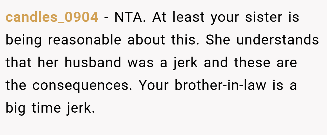 candles_0904 − NTA. At least your sister is being reasonable about this. She understands that her husband was a jerk and these are the consequences. Your brother-in-law is a big time jerk.