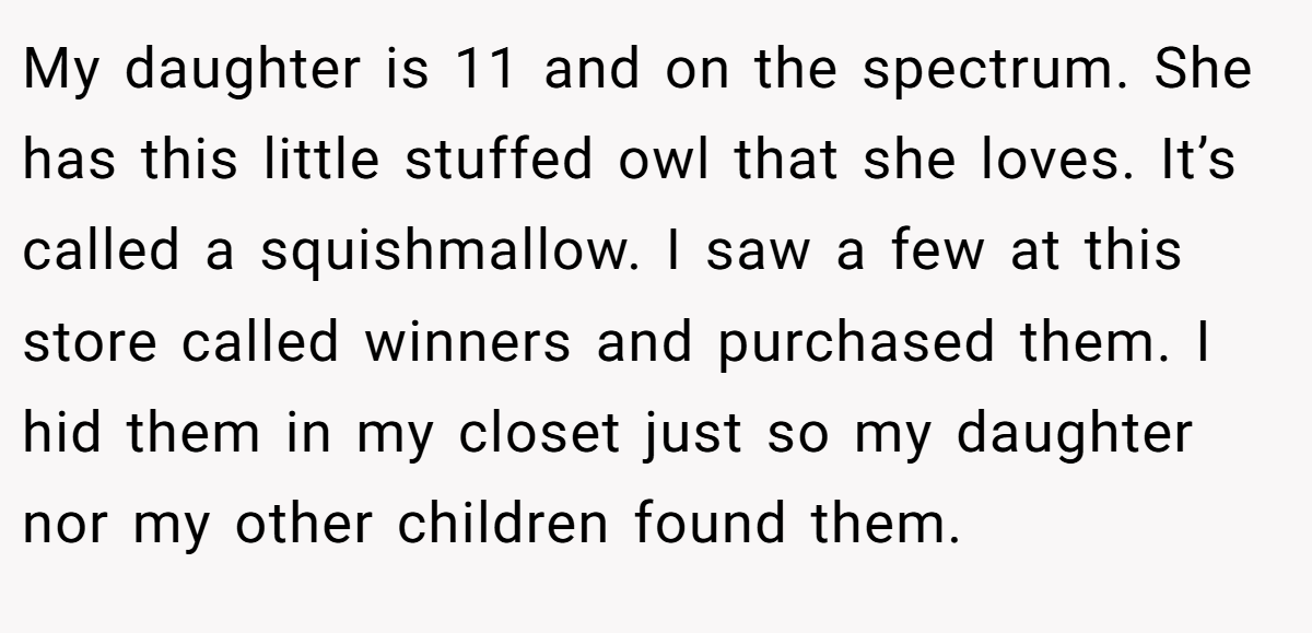 My daughter is 11 and on the spectrum. She has this little stuffed owl that she loves. It’s called a squishmallow. I saw a few at this store called winners and purchased them. I hid them in my closet just so my daughter nor my other children found them.