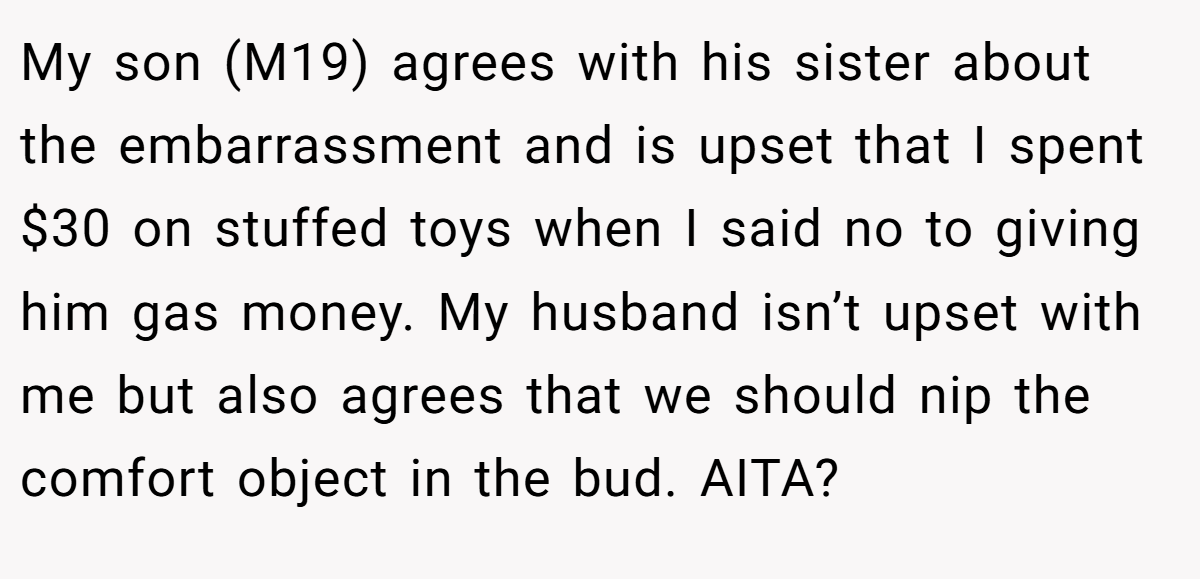My son (M19) agrees with his sister about the embarrassment and is upset that I spent $30 on stuffed toys when I said no to giving him gas money. My husband isn’t upset with me but also agrees that we should nip the comfort object in the bud. AITA?
