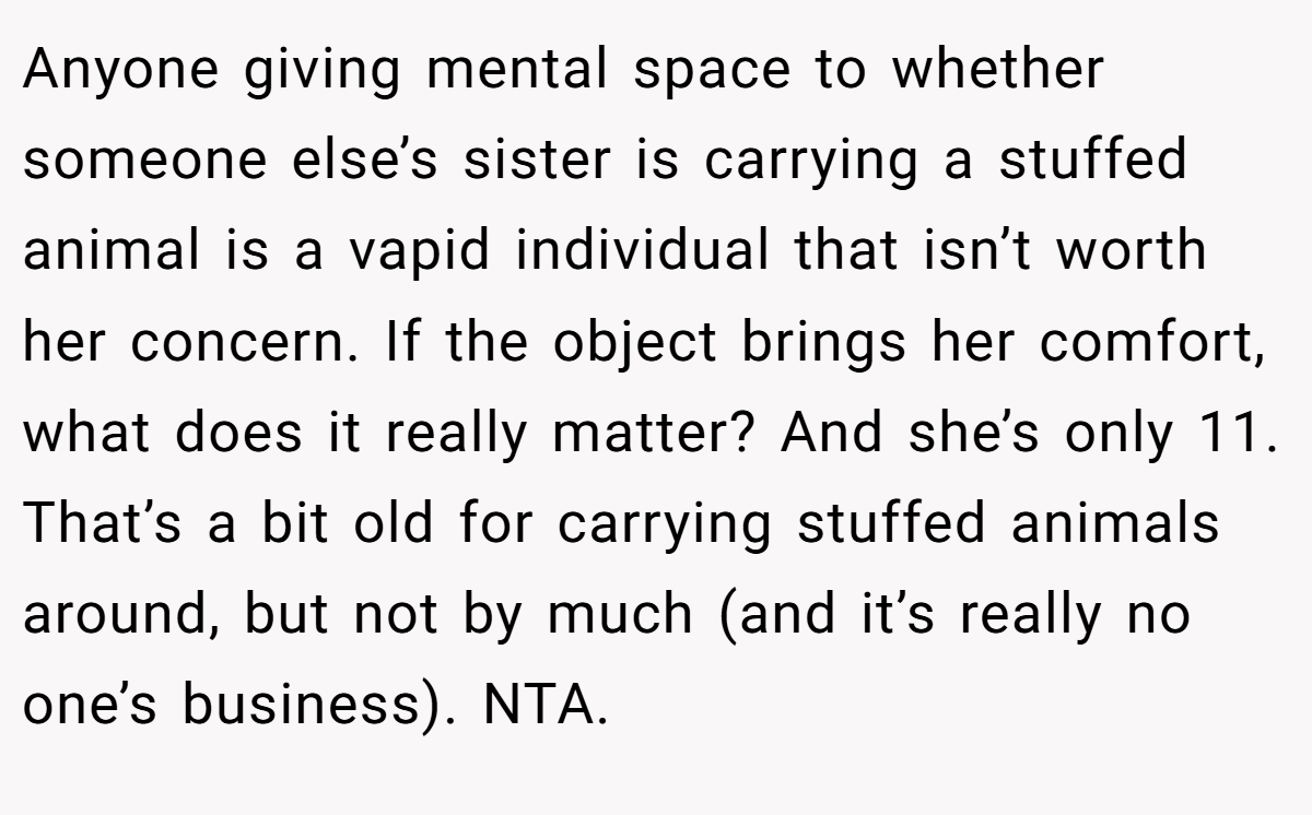 Anyone giving mental space to whether someone else’s sister is carrying a stuffed animal is a vapid individual that isn’t worth her concern. If the object brings her comfort, what does it really matter? And she’s only 11. That’s a bit old for carrying stuffed animals around, but not by much (and it’s really no one’s business). NTA.