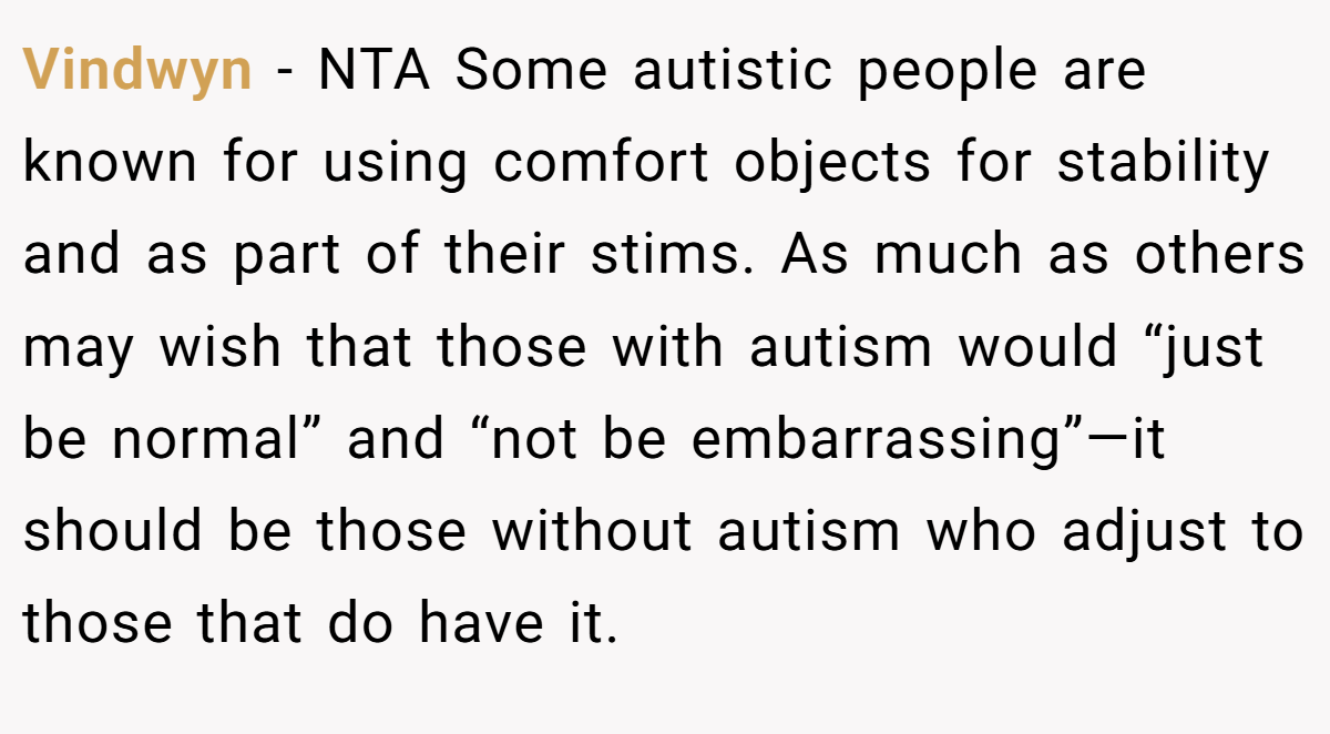 Vindwyn − NTA Some autistic people are known for using comfort objects for stability and as part of their stims. As much as others may wish that those with autism would “just be normal” and “not be embarrassing”—it should be those without autism who adjust to those that do have it.