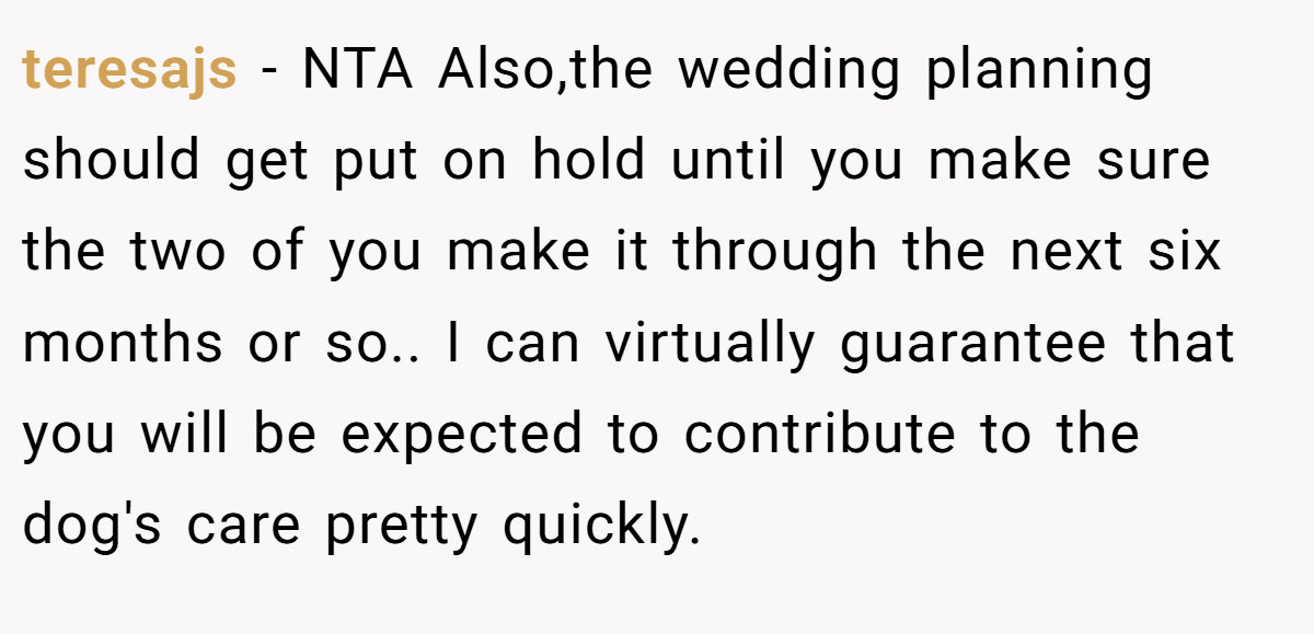 teresajs − NTA Also,the wedding planning should get put on hold until you make sure the two of you make it through the next six months or so.. I can virtually guarantee that you will be expected to contribute to the dog's care pretty quickly.