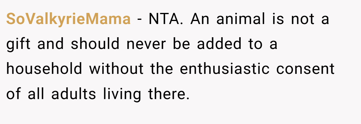SoValkyrieMama − NTA. An animal is not a gift and should never be added to a household without the enthusiastic consent of all adults living there.