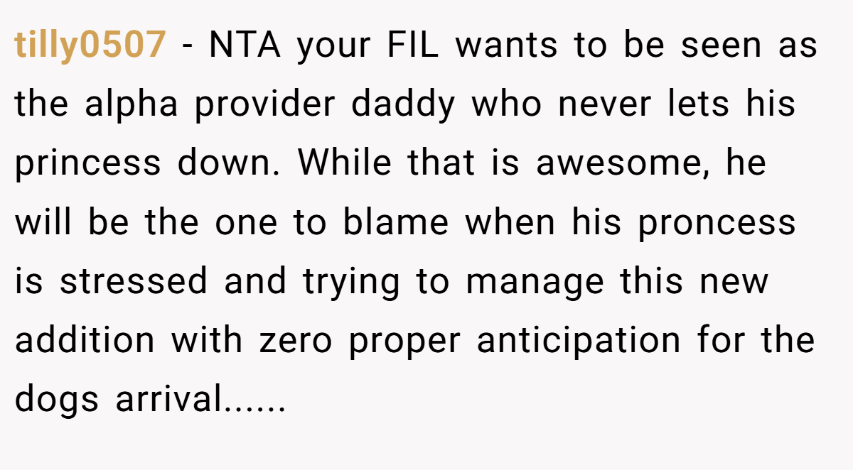 tilly0507 − NTA your FIL wants to be seen as the alpha provider daddy who never lets his princess down. While that is awesome, he will be the one to blame when his proncess is stressed and trying to manage this new addition with zero proper anticipation for the dogs arrival......