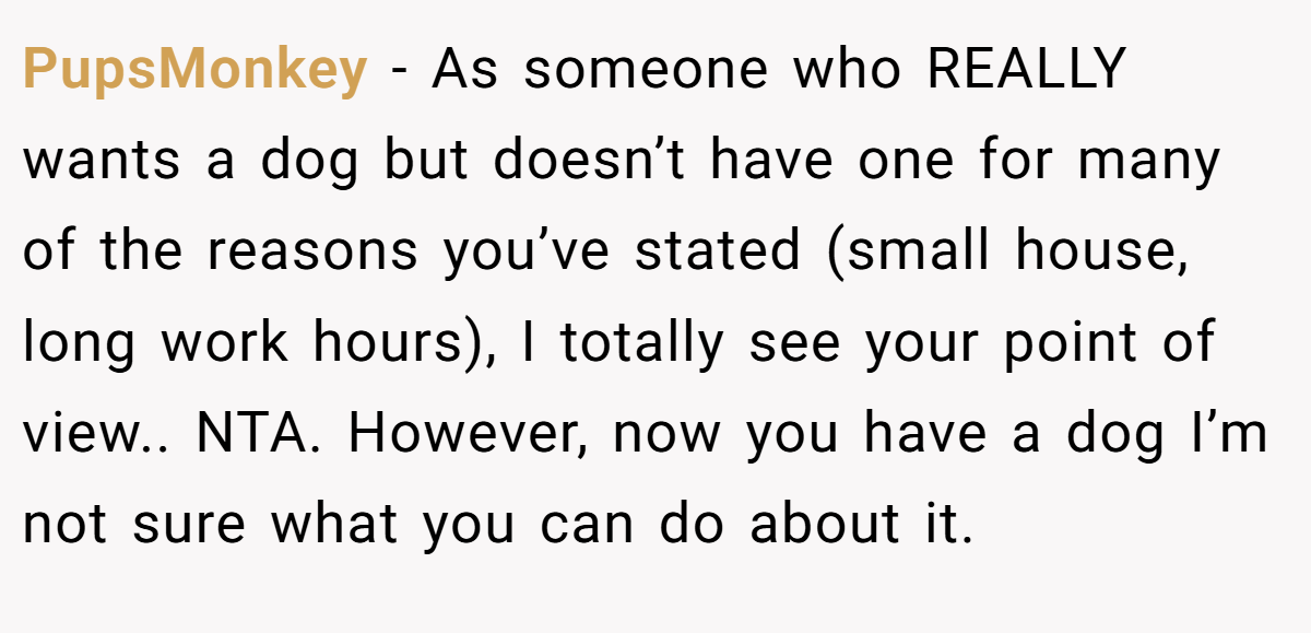 PupsMonkey − As someone who REALLY wants a dog but doesn’t have one for many of the reasons you’ve stated (small house, long work hours), I totally see your point of view.. NTA. However, now you have a dog I’m not sure what you can do about it.