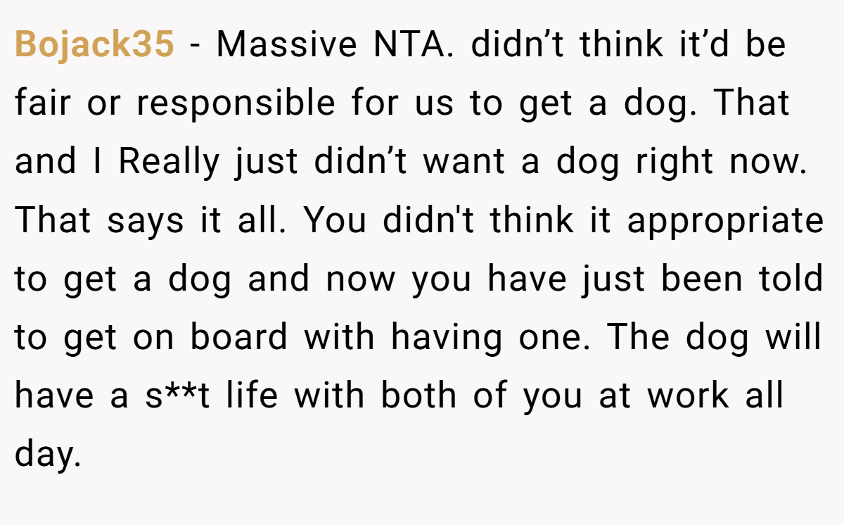 Bojack35 − Massive NTA. didn’t think it’d be fair or responsible for us to get a dog. That and I Really just didn’t want a dog right now. That says it all. You didn't think it appropriate to get a dog and now you have just been told to get on board with having one. The dog will have a s**t life with both of you at work all day.