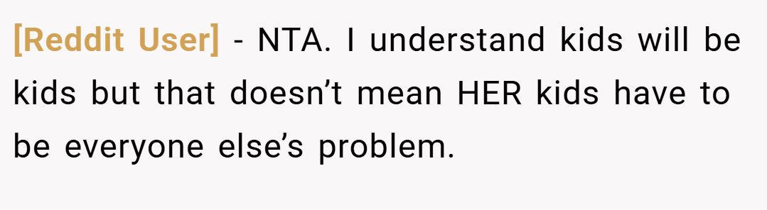 [Reddit User] − NTA. I understand kids will be kids but that doesn’t mean HER kids have to be everyone else’s problem.