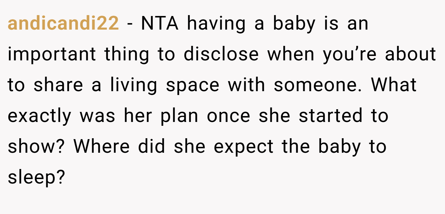 andicandi22 − NTA having a baby is an important thing to disclose when you’re about to share a living space with someone. What exactly was her plan once she started to show? Where did she expect the baby to sleep?