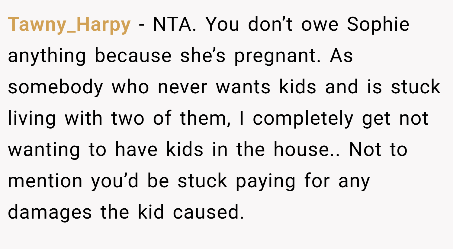Tawny_Harpy − NTA. You don’t owe Sophie anything because she’s pregnant. As somebody who never wants kids and is stuck living with two of them, I completely get not wanting to have kids in the house.. Not to mention you’d be stuck paying for any damages the kid caused.