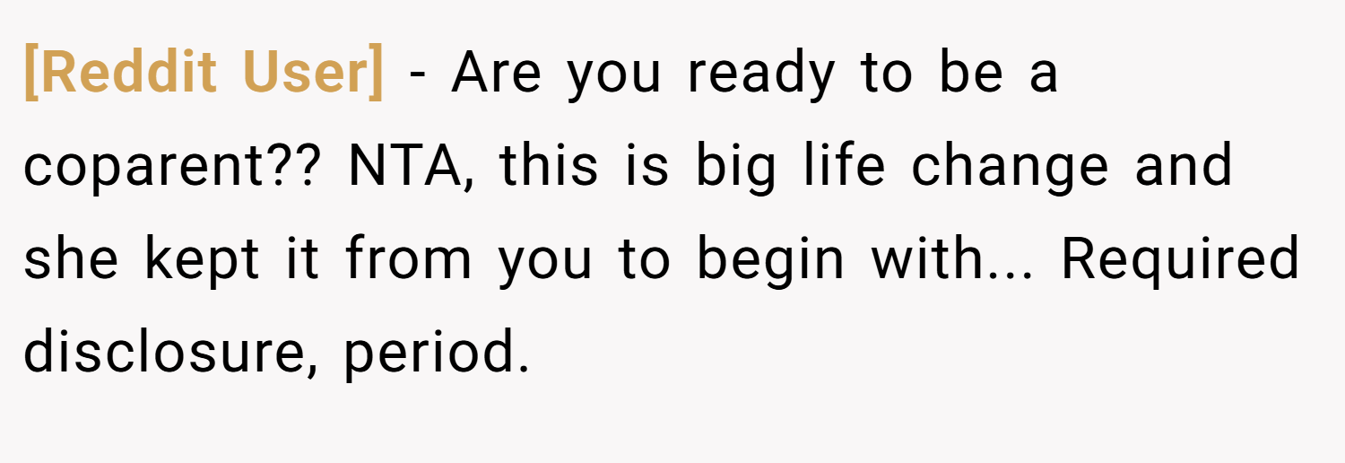 [Reddit User] − Are you ready to be a coparent?? NTA, this is big life change and she kept it from you to begin with... Required disclosure, period.