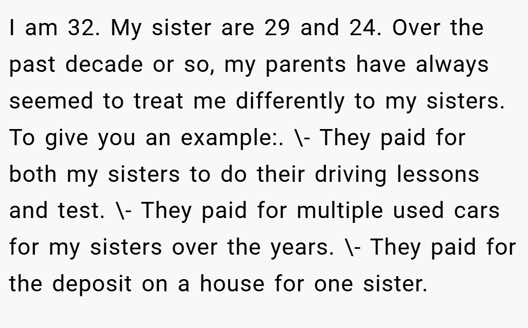 I am 32. My sister are 29 and 24. Over the past decade or so, my parents have always seemed to treat me differently to my sisters. To give you an example:. \- They paid for both my sisters to do their driving lessons and test. \- They paid for multiple used cars for my sisters over the years. \- They paid for the deposit on a house for one sister.