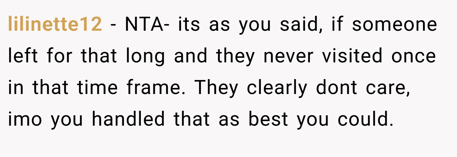 lilinette12 − NTA- its as you said, if someone left for that long and they never visited once in that time frame. They clearly dont care, imo you handled that as best you could.