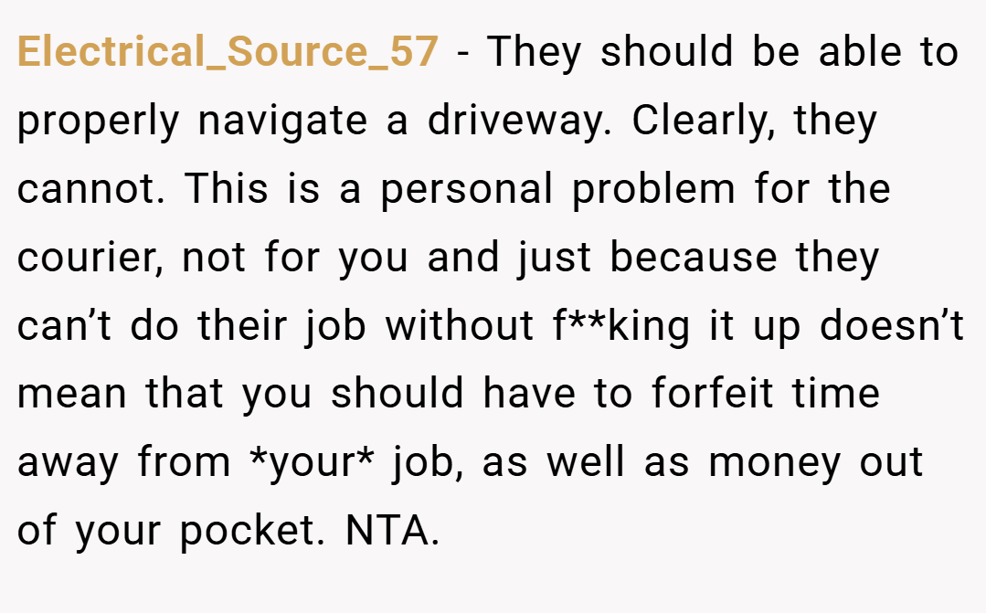 Electrical_Source_57 − They should be able to properly navigate a driveway. Clearly, they cannot. This is a personal problem for the courier, not for you and just because they can’t do their job without f**king it up doesn’t mean that you should have to forfeit time away from *your* job, as well as money out of your pocket. NTA.