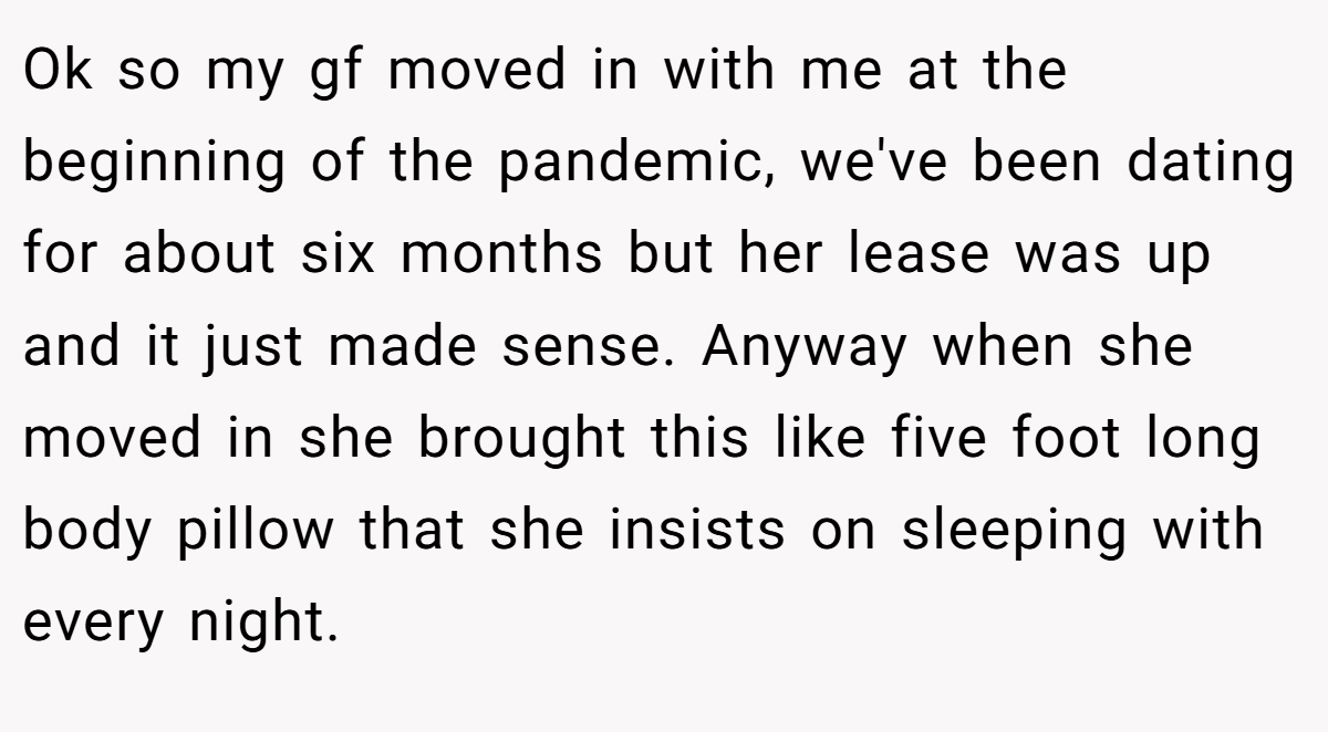 Ok so my gf moved in with me at the beginning of the pandemic, we've been dating for about six months but her lease was up and it just made sense. Anyway when she moved in she brought this like five foot long body pillow that she insists on sleeping with every night.