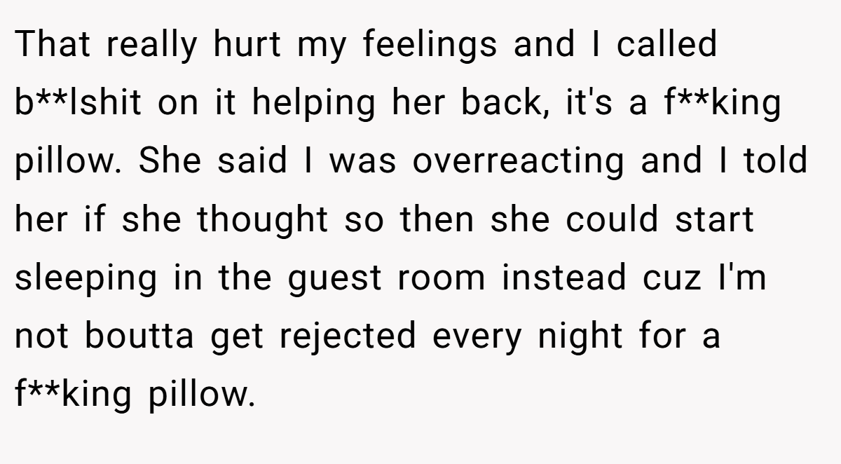 That really hurt my feelings and I called b**lshit on it helping her back, it's a f**king pillow. She said I was overreacting and I told her if she thought so then she could start sleeping in the guest room instead cuz I'm not boutta get rejected every night for a f**king pillow.