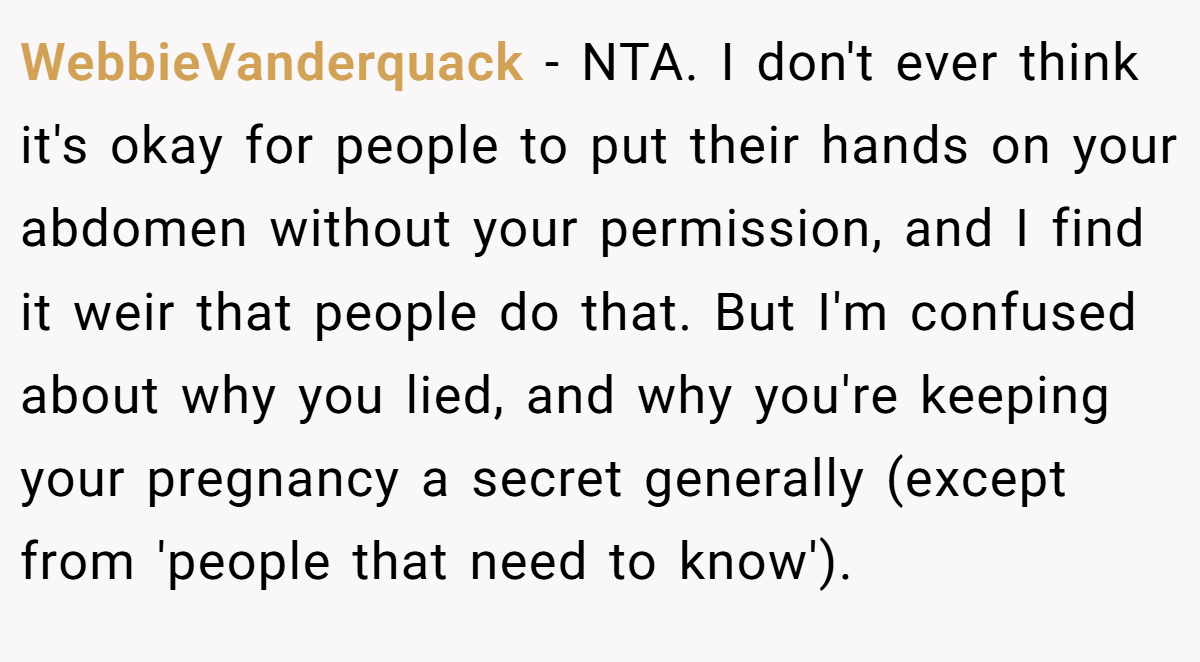 WebbieVanderquack − NTA. I don't ever think it's okay for people to put their hands on your abdomen without your permission, and I find it weir that people do that. But I'm confused about why you lied, and why you're keeping your pregnancy a secret generally (except from 'people that need to know').