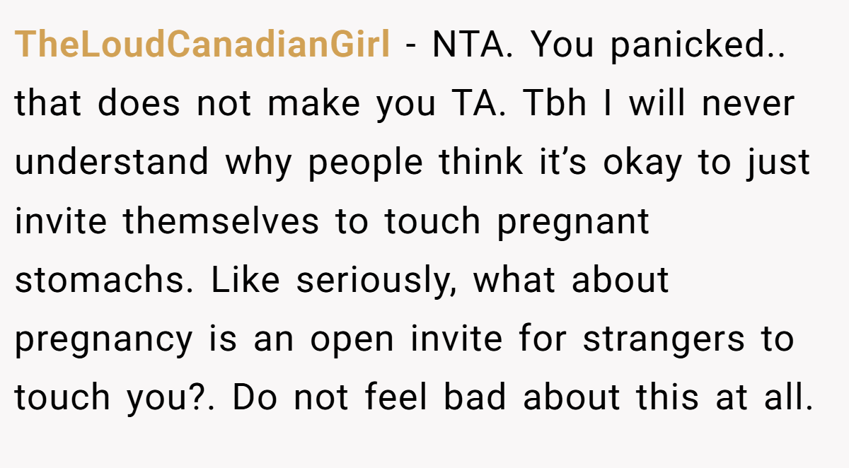 TheLoudCanadianGirl − NTA. You panicked.. that does not make you TA. Tbh I will never understand why people think it’s okay to just invite themselves to touch pregnant stomachs. Like seriously, what about pregnancy is an open invite for strangers to touch you?. Do not feel bad about this at all.