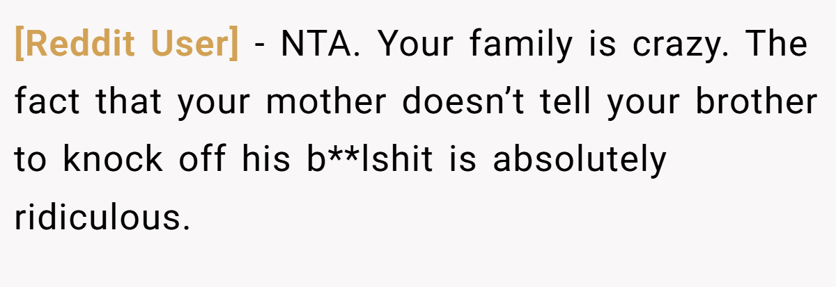 [Reddit User] − NTA. Your family is crazy. The fact that your mother doesn’t tell your brother to knock off his b**lshit is absolutely ridiculous.