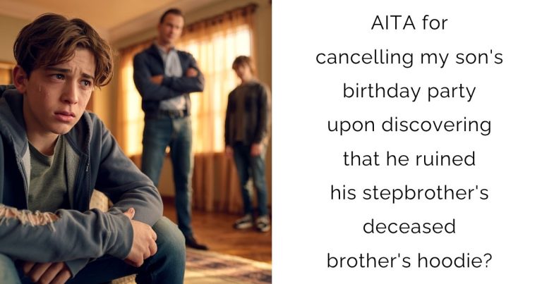 AITA for cancelling my son’s birthday party upon discovering that he ruined his stepbrother’s deceased brother’s hoodie?