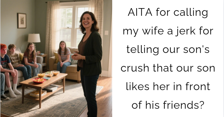 AITA for calling my wife a jerk for telling our son’s crush that our son likes her in front of his friends ?