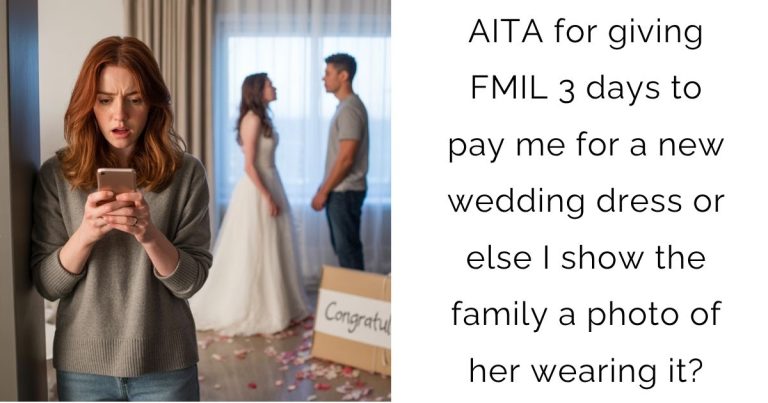 AITA for giving FMIL 3 days to pay me for a new wedding dress or else I show the family a photo of her wearing it?