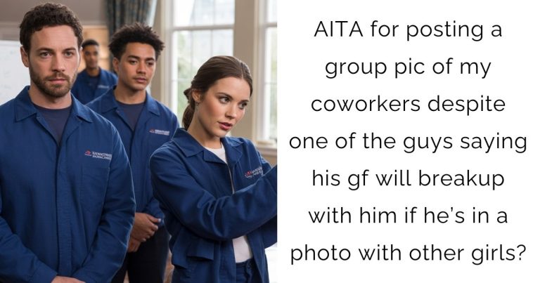 AITA for posting a group pic of my coworkers despite one of the guys saying his gf will breakup with him if he’s in a photo with other girls?