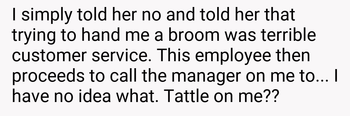 I simply told her no and told her that trying to hand me a broom was terrible customer service. This employee then proceeds to call the manager on me to... I have no idea what. Tattle on me??