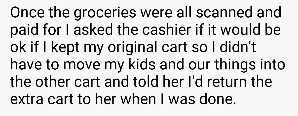 Once the groceries were all scanned and paid for I asked the cashier if it would be ok if I kept my original cart so I didn't have to move my kids and our things into the other cart and told her I'd return the extra cart to her when I was done.