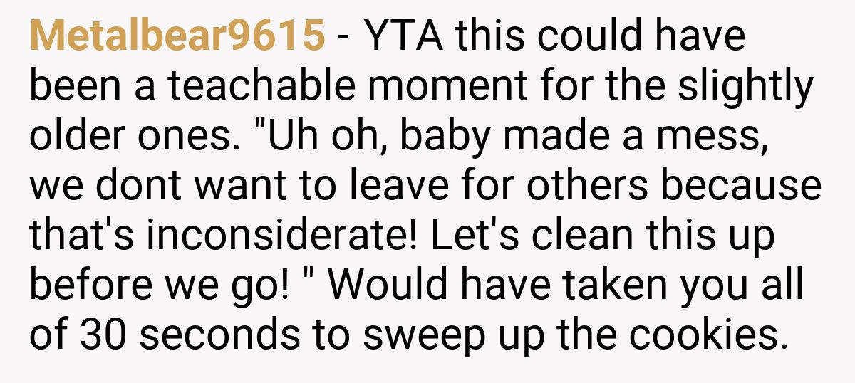 Metalbear9615 - YTA this could have been a teachable moment for the slightly older ones. "Uh oh, baby made a mess, we dont want to leave for others because that's inconsiderate! Let's clean this up before we go! " Would have taken you all of 30 seconds to sweep up the cookies.