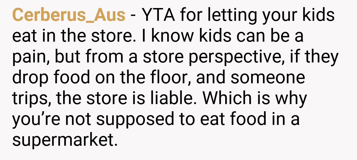 Cerberus_Aus - YTA for letting your kids eat in the store. I know kids can be a pain, but from a store perspective, if they drop food on the floor, and someone trips, the store is liable. Which is why you’re not supposed to eat food in a supermarket.