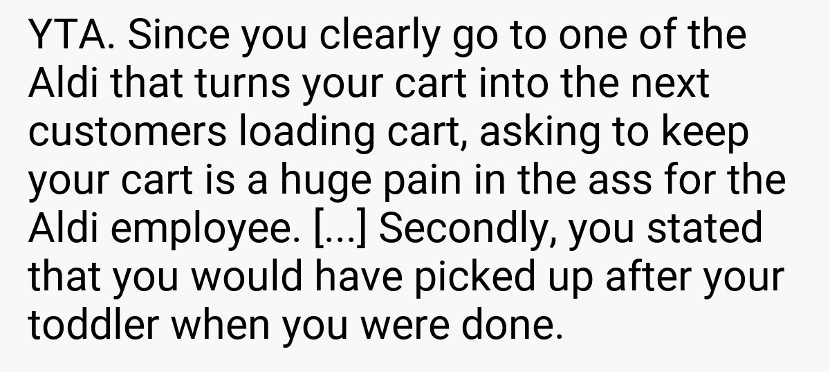 YTA. Since you clearly go to one of the Aldi that turns your cart into the next customers loading cart, asking to keep your cart is a huge pain in the ass for the Aldi employee. [...] Secondly, you stated that you would have picked up after your toddler when you were done.