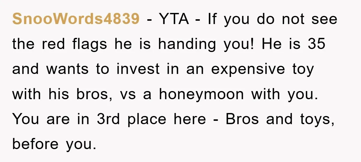 SnooWords4839 − YTA - If you do not see the red flags he is handing you! He is 35 and wants to invest in an expensive toy with his bros,...