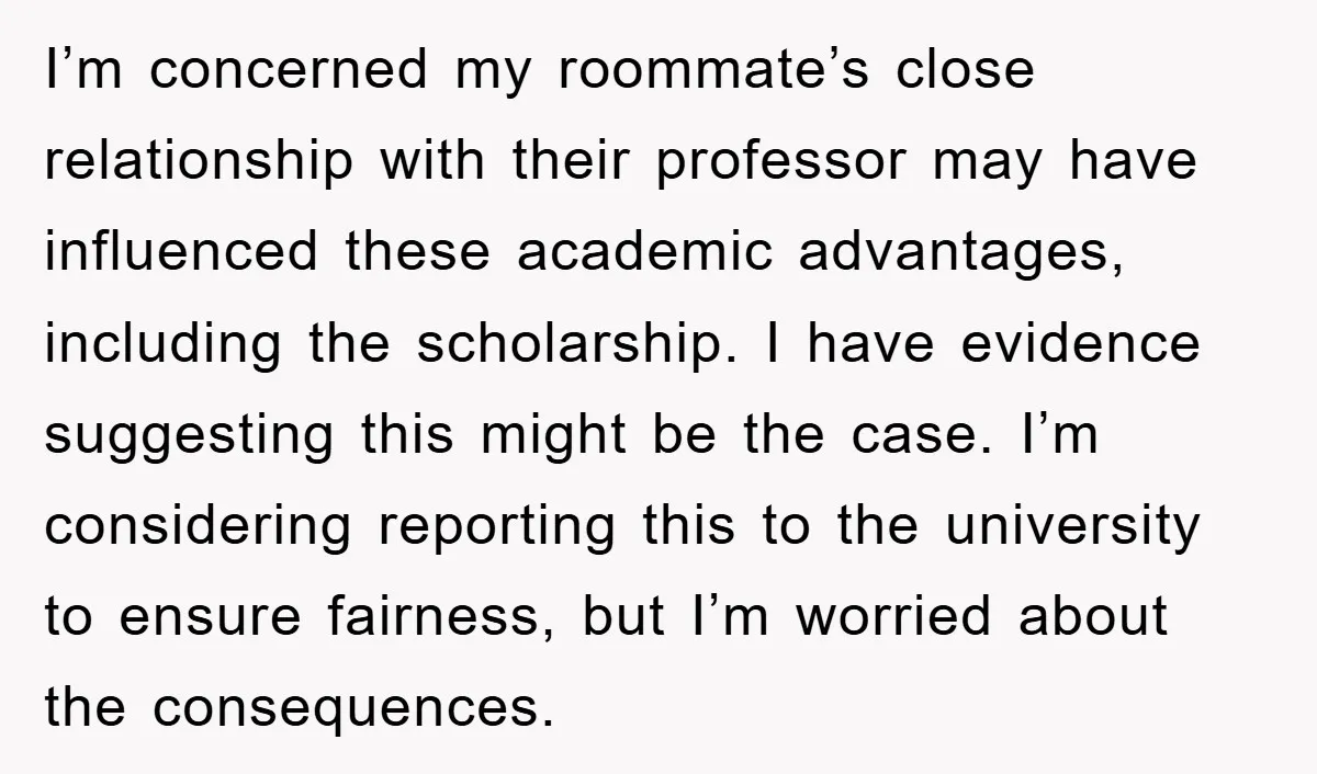 I’m concerned my roommate’s close relationship with their professor may have influenced these academic advantages, including the scholarship. I have evidence suggesting this might be the case. I’m considering reporting...