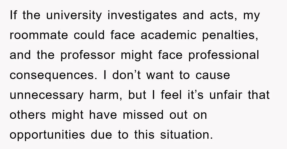 If the university investigates and acts, my roommate could face academic penalties, and the professor might face professional consequences. I don’t want to cause unnecessary harm, but I feel it’s...