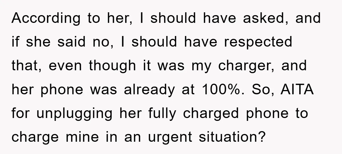 According to her, I should have asked, and if she said no, I should have respected that, even though it was my charger, and her phone was already at 100%....