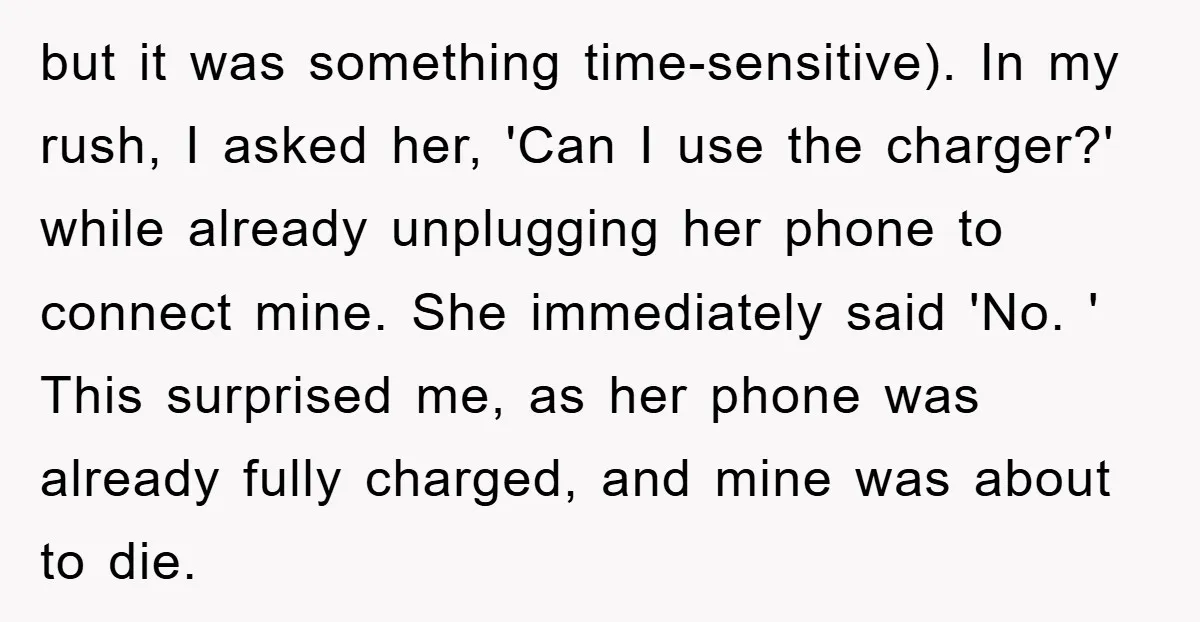 but it was something time-sensitive). In my rush, I asked her, 'Can I use the charger?' while already unplugging her phone to connect mine. She immediately said 'No. ' This...