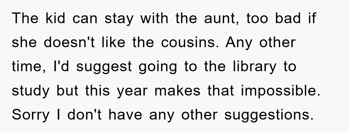 The kid can stay with the aunt, too bad if she doesn't like the cousins. Any other time, I'd suggest going to the library to study but this year makes...