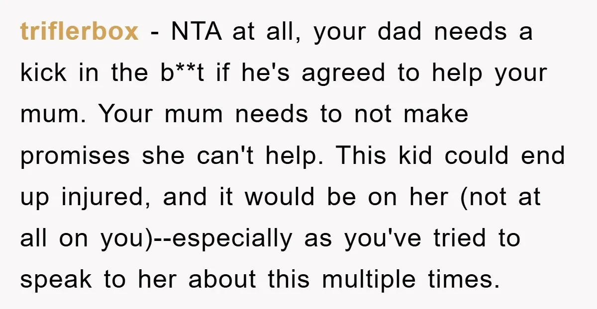 triflerbox − NTA at all, your dad needs a kick in the b**t if he's agreed to help your mum. Your mum needs to not make promises she can't help....