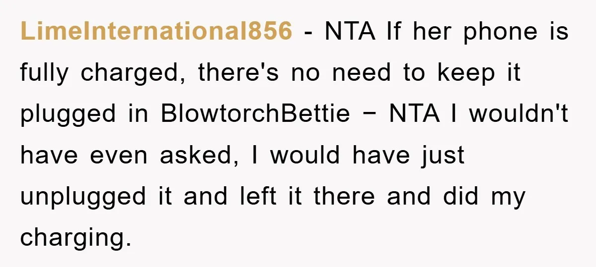 LimeInternational856 − NTA If her phone is fully charged, there's no need to keep it plugged in BlowtorchBettie − NTA I wouldn't have even asked, I would have just unplugged...