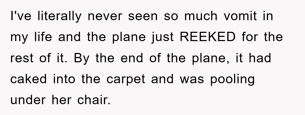 I've literally never seen so much vomit in my life and the plane just REEKED for the rest of it. By the end of the plane, it had caked into...