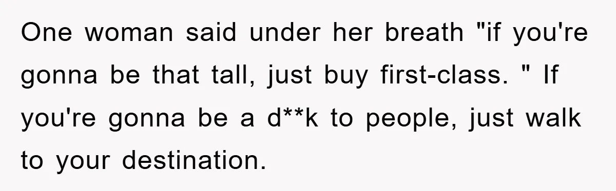 One woman said under her breath "if you're gonna be that tall, just buy first-class. " If you're gonna be a d**k to people, just walk to your destination.