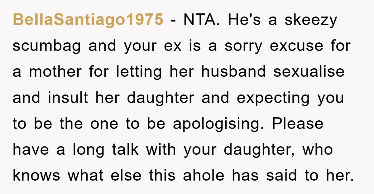 BellaSantiago1975 − NTA. He's a skeezy scumbag and your ex is a sorry excuse for a mother for letting her husband sexualise and insult her daughter and expecting you to...