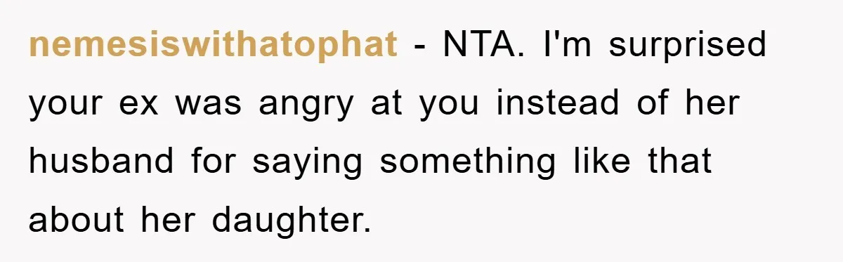 nemesiswithatophat − NTA. I'm surprised your ex was angry at you instead of her husband for saying something like that about her daughter.