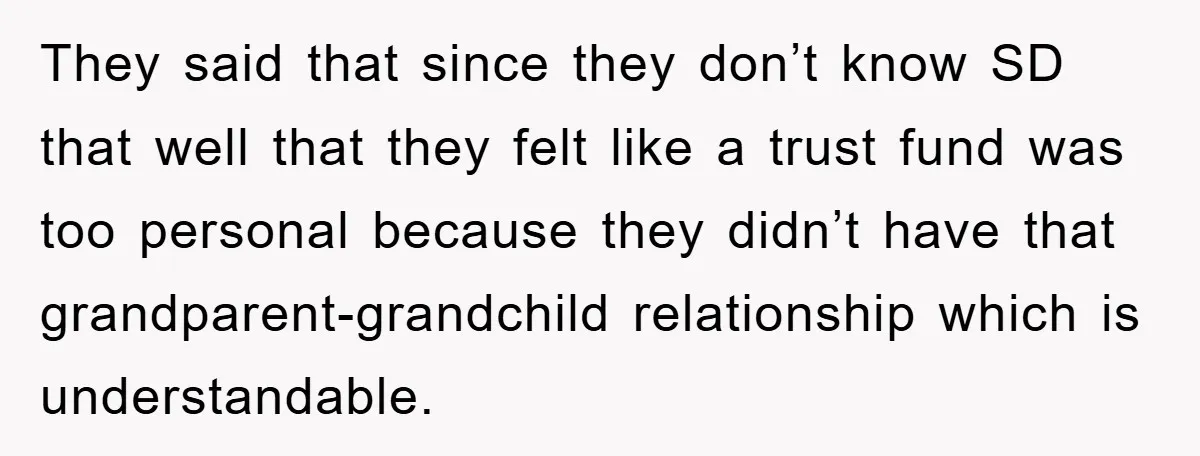 They said that since they don’t know SD that well that they felt like a trust fund was too personal because they didn’t have that grandparent-grandchild relationship which is understandable.