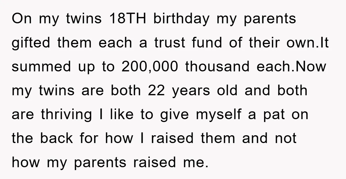 On my twins 18TH birthday my parents gifted them each a trust fund of their own.It summed up to 200,000 thousand each.Now my twins are both 22 years old and...